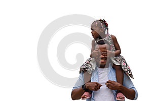 Father and daughter with clipping path on white background, Father carrying daughter on shoulders, Cheerful african american girl