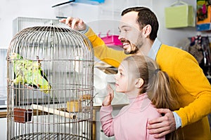 Father and daughter excited to see green parrot in pet shop