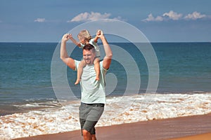 Father and daughter family fun on tropical vacation holidays. Happiness of daddy and little girl daughter