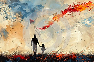 Father and daughter are flying a kite. Copy space. The concept of Father\'s Day. Activities on weekends.