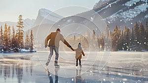 A father and daughter go ice skating on a frozen lake as the snow falls gently around them. They hold hands and glide