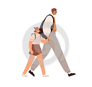 Father and daughter going together. Young dad leading girl kid to school, holding by hand. Man parent and child with