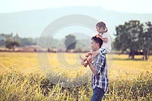 Father and daughter having fun to play together in the cornfield