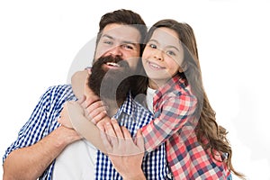 Father and daughter hug white background. Best dad ever. Child and dad best friends. Friendly relations. Parenthood and