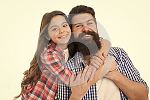 Father and daughter hug white background. Best dad ever. Child and dad best friends. Friendly relations. Parenthood and