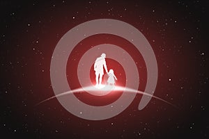 Father and daughter. Man and child silhouette. White glowing outline