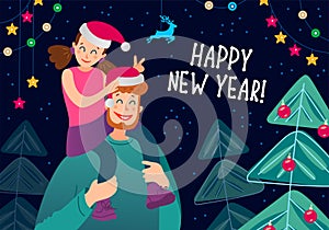 Father and daughter portrait in Santa hats funny family illustration, Merry Christmas and Happy New Year Greeting Card, Banner,