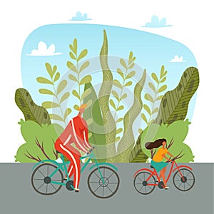 Father and daughter riding on bicycles in park, lifestyle with kids flat vector illustration. Active family vacation.