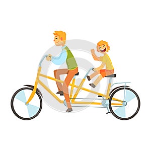 Father and daughter riding on tandem bicycle