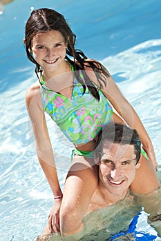 Father and Daughter On Shoulders In Swimming Pool