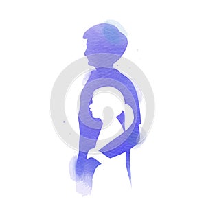 Father with daughter silhouette plus abstract watercolor painted. Happy father`s day. Digital art painting. Vector illustration