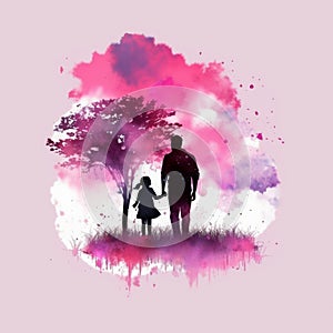 Father and daughter silhouette watercolor painting pink theme generative AI