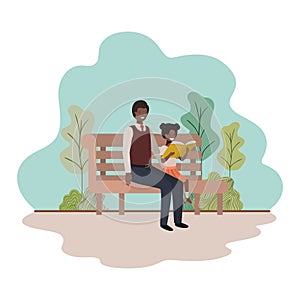 Father and daughter sitting in park chair avatar character