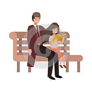 Father and daughter sitting in park chair avatar character