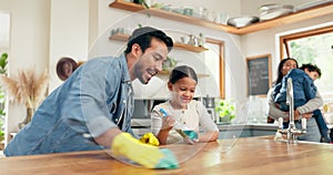 Father, daughter and spray table for cleaning, cloth or happy for learning, helping hand or funny in home. Parents, kids