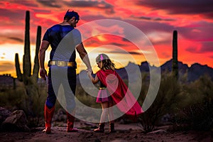 Father and daughter in superhero costume, concept of father love