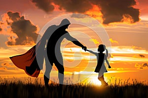 Father and daughter in superhero costume, concept of father love