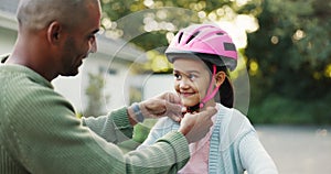 Father, daughter and teaching with bicycle, high five and family for safety, support and motivation for goal. Dad, girl