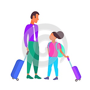 Father and daughter tourists carrying suitcases stylish family with baggage vacation travel concept white background