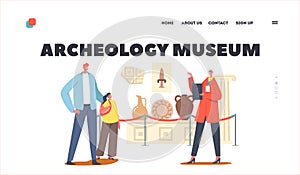 Father with Daughter Visiting Archeology Museum Landing Page Template. Tourists Watching Old Crockery, Armor