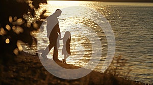 A father and daughter walking along the shore their silhouettes growing longer and longer as the sun dips closer to the photo