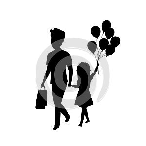 Father and daughter walking together with balloons isolated vector illustration silhouette
