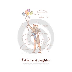 Father day celebration, dad and daughter with balloons in park, family holiday, father and daughter pastime banner