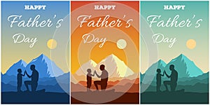 Father Day vector illustration. Silhouettes of dad and children give five on a backdrop of adventure landscape with mountains