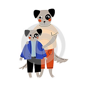 Father Dog and his Puppy Kid Standing Together, Loving Parent Animal and Adorable Child Humanized Characters Vector