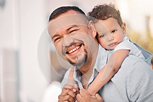 Father, family portrait and piggy back fun outdoor with a smile from dad and young boy with fun. Child, papa and relax