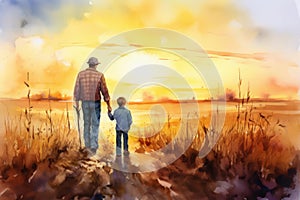 Father farmer with son in front of a sunset agricultural landscape, Man and a boy standing on a farm road . Fatherhood concept.