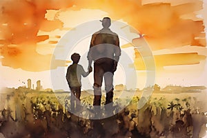 Father farmer with son in front of a sunset agricultural landscape, Man and a boy standing on a farm road . Fatherhood concept.