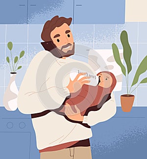 Father feeding baby with milk in bottle. Dad with newborn child in hands. Happy man daddy holding infant and speaking on