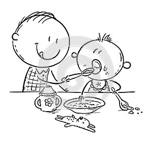 Father feeding baby, outline cartoon vector illustration
