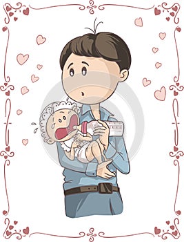 Father Feeding Crying Baby Vector Cartoon