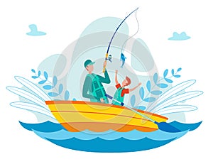 Father Fishing with Son on Boat Vector Concept