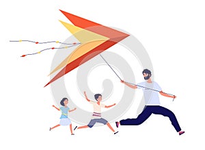 Father flying kite. Family celebration, parents with happy kids. Dad son daughter running, makar sankranti asian