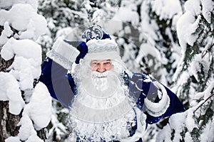 Father Frost with a bag of gifts in a snowy forest. Winterr. Russian Christmas character Ded Moroz