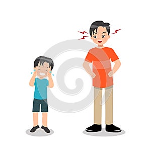 Father getting angry at his son. Cute boy crying scolded by his dad. Parenting clip art.