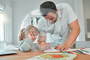 Father, girl and writing in book for homework, teaching or helping child in support at home. Dad or parent drawing with