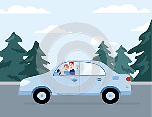 Father gives his child a lesson in driving a car, cartoon vector illustration.