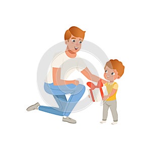 Father giving a gift to his son, loving dad and kid spending time together vector Illustration on a white background