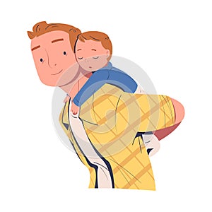 Father giving his baby piggyback ride. Little son sleeping on fathers back cartoon vector illustration