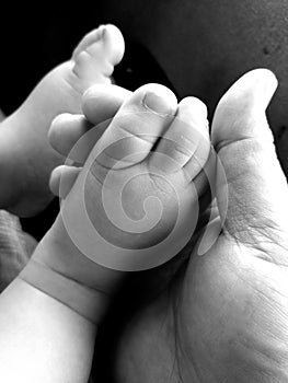 Father hand holding baby feet