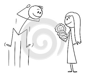 Father Happy to See His New Born Baby , Vector Cartoon Stick Figure Illustration