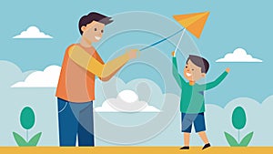 A father helping his son assemble his first kite explaining the significance of freedom behind the activity.. Vector photo