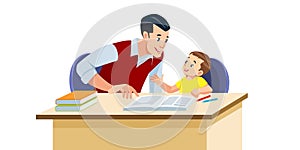 Father helps his son to do homework in school. He suggests how to do it right. They are in a good mood. Best Dad help