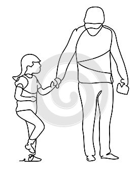 Father with his daughter. Happy family and father`s day. Continuous line drawing. Vector monochrome, drawing by lines