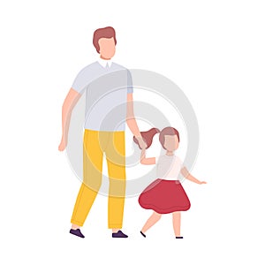 Father and His Daughter Walking Holding Hands, Parent and His Child Having Good Time Together Flat Vector Illustration