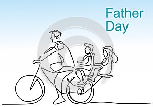 Father with his little son and daughter riding bicycles together continuous one line hand drawn art minimalist style. Happy family